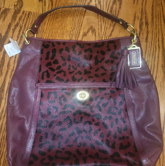 NWT Coach Burgundy Leopard Haircalf Leather Turnlock Large Hobo Shoulder Purse - Picture 7 of 13